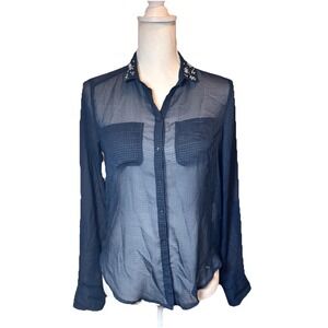 Abercrombie & Fitch Sheer Navy Blouse‎ XS Embellished Collar Button Front Top